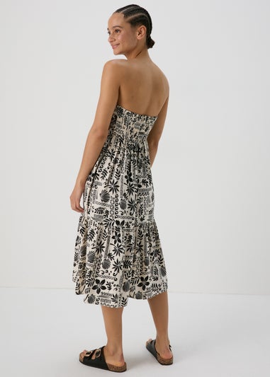 Black Printed Ruched Bandeau Midi Dress