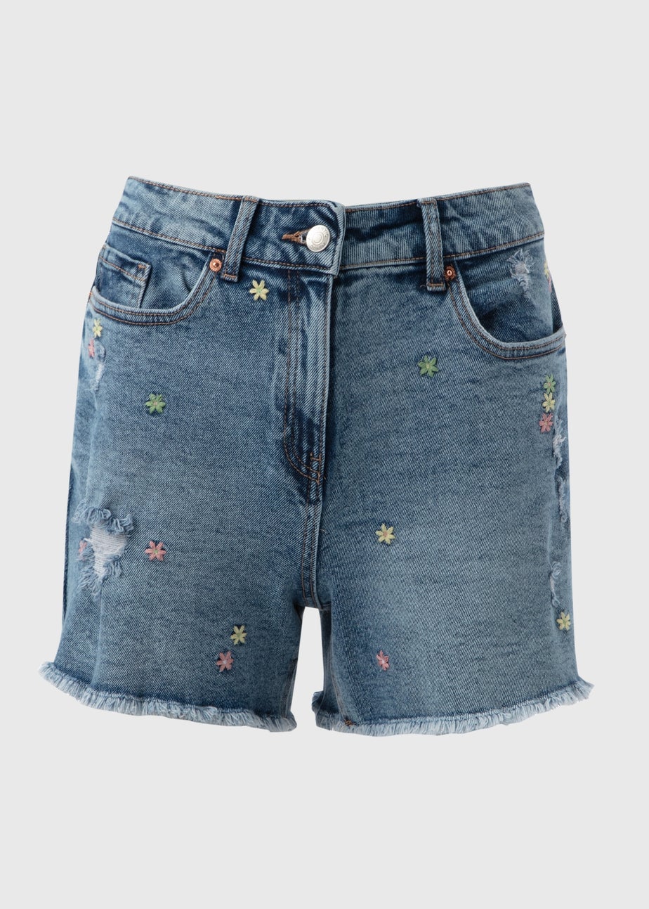 Mid Wash Embroidered Denim Shorts