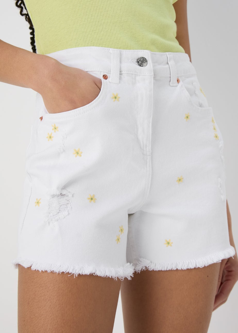 Ecru Embroidered Denim Shorts