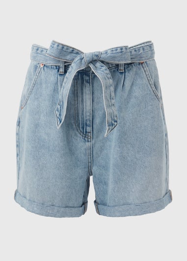 Light Wash Tie Waist Denim Shorts