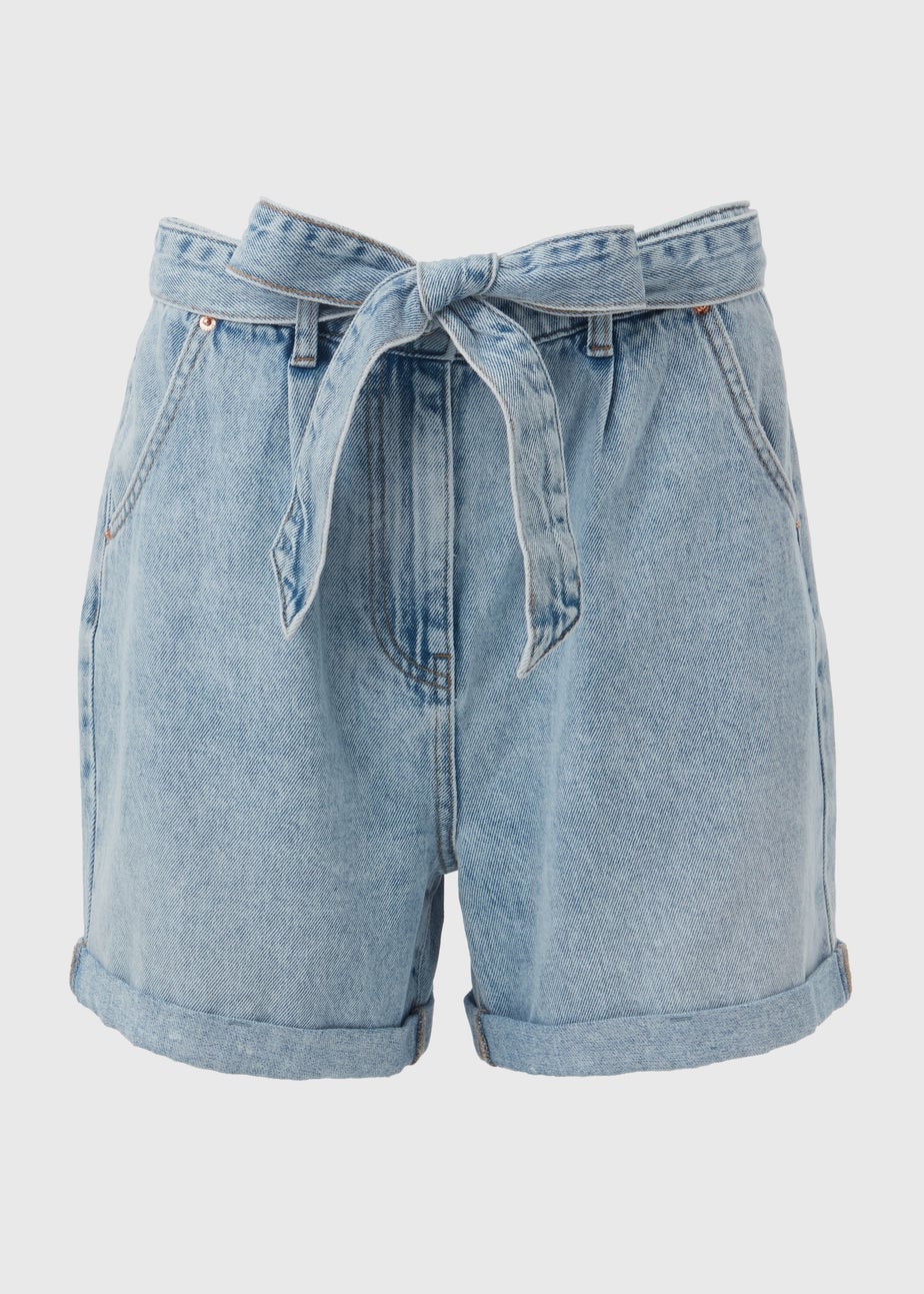 Light Wash Tie Waist Denim Shorts