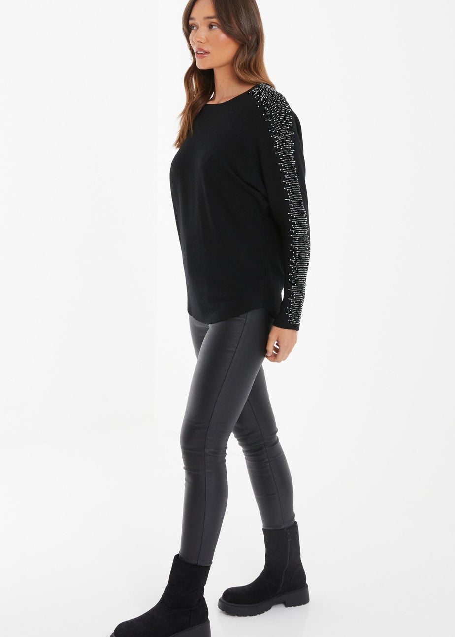 Quiz Black Light Knit Diamante Sleeve Jumper