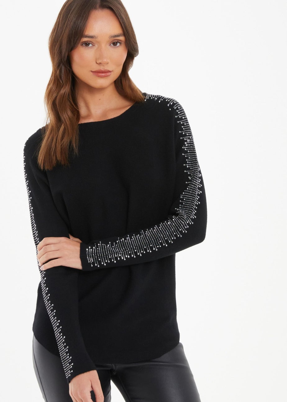 Quiz Black Light Knit Diamante Sleeve Jumper