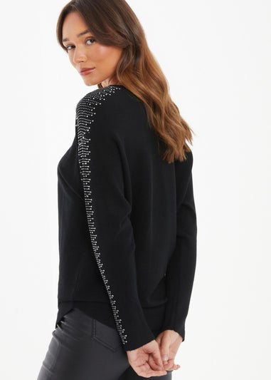 Quiz Black Light Knit Diamante Sleeve Jumper