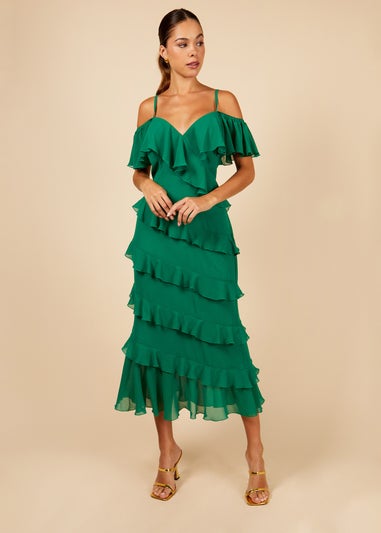 Little Mistress Frill Cold Shoulder Midi Dress