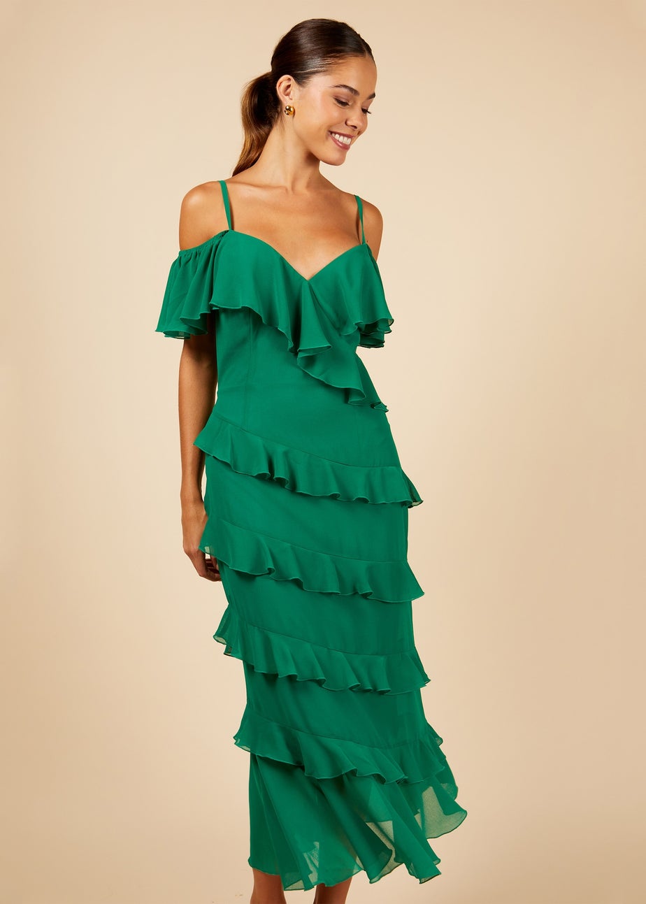 Little Mistress Frill Cold Shoulder Midi Dress