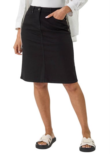 Roman Black Cotton Denim Stretch A line Skirt