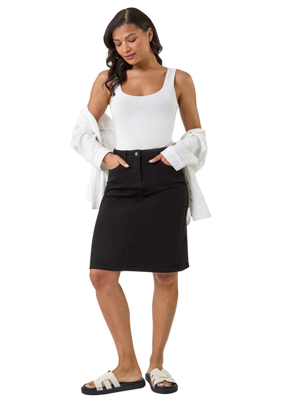 Roman Black Cotton Denim Stretch A line Skirt