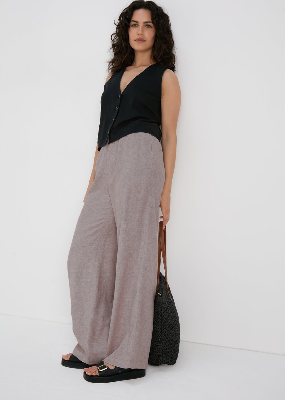 Beige Wide Leg Linen Trousers