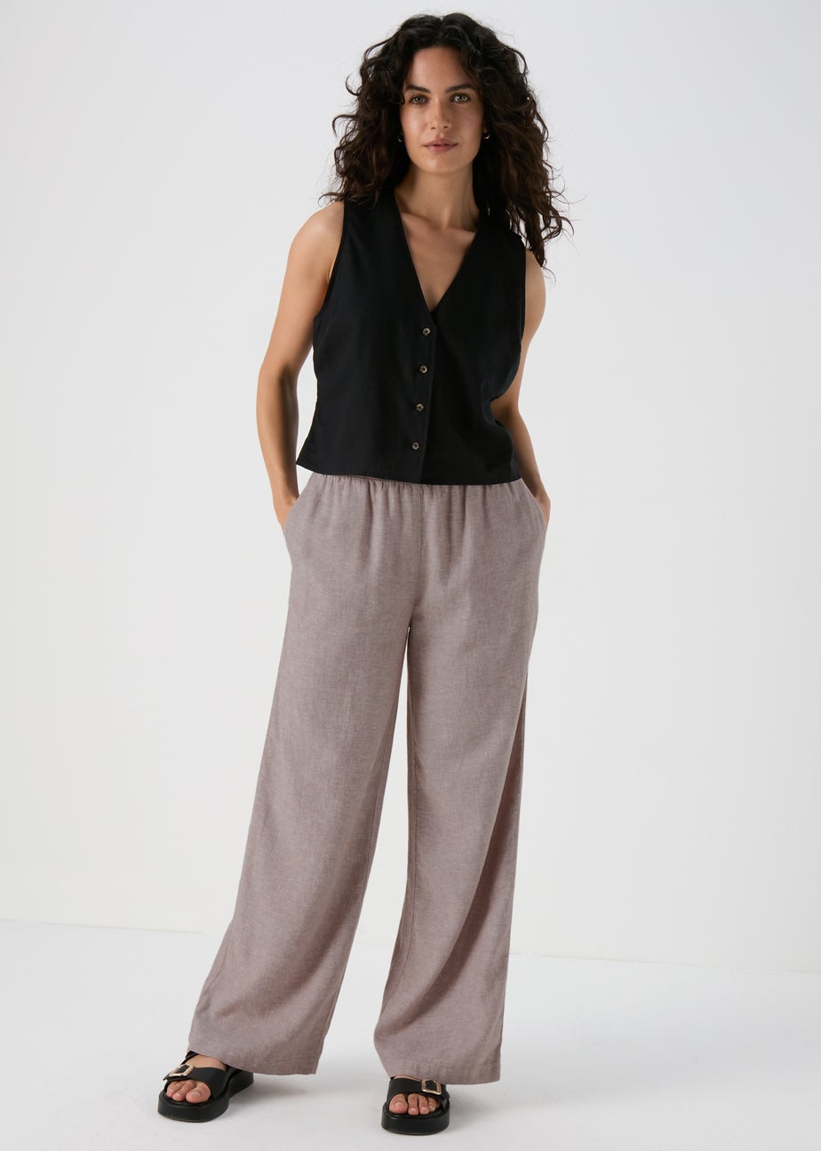 Beige Wide Leg Linen Trousers