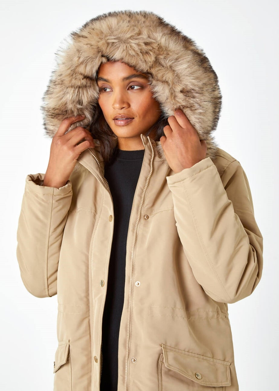 Roman Camel Faux Fur Hooded Parka Coat Matalan