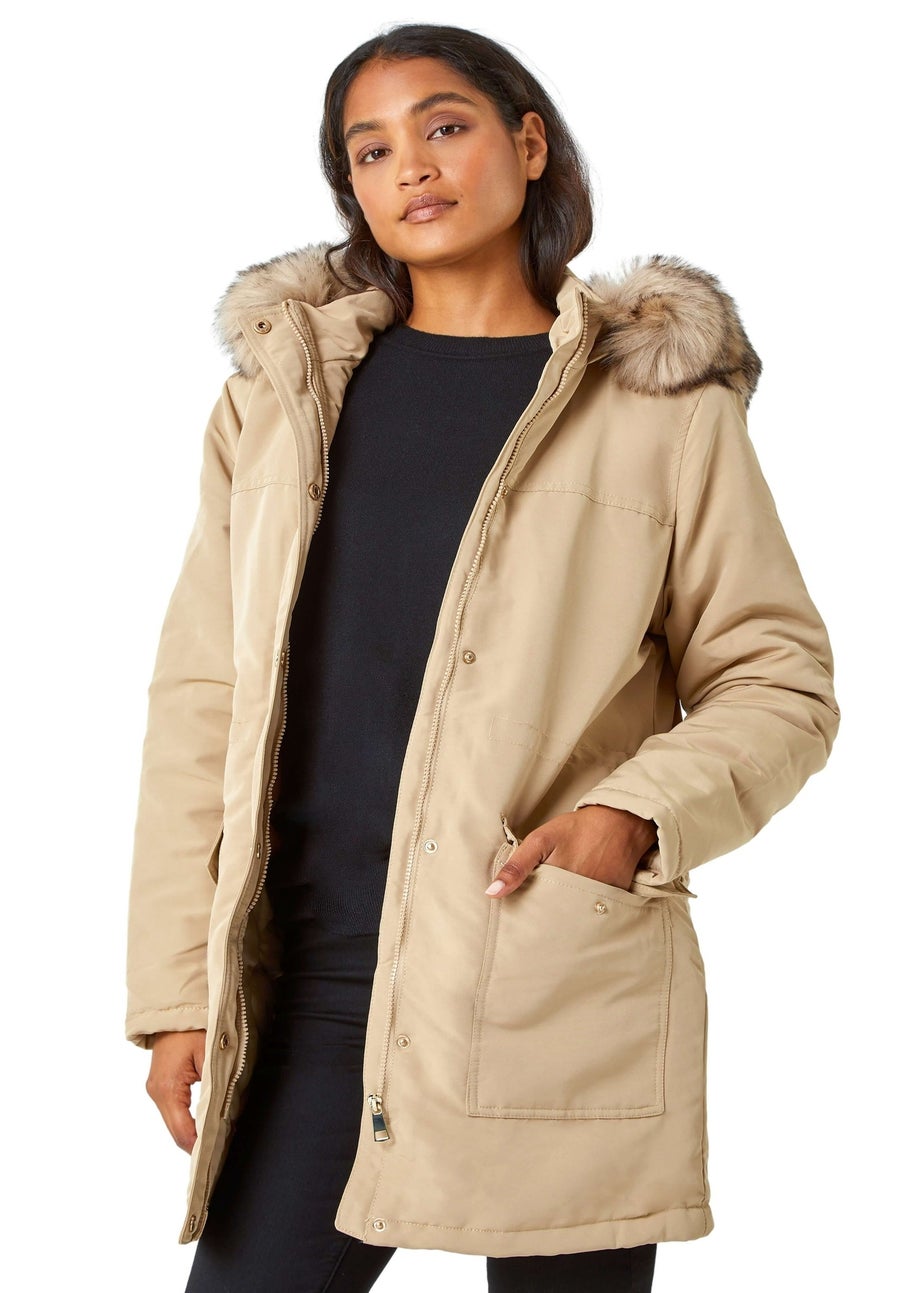 Roman Camel Faux Fur Hooded Parka Coat Matalan