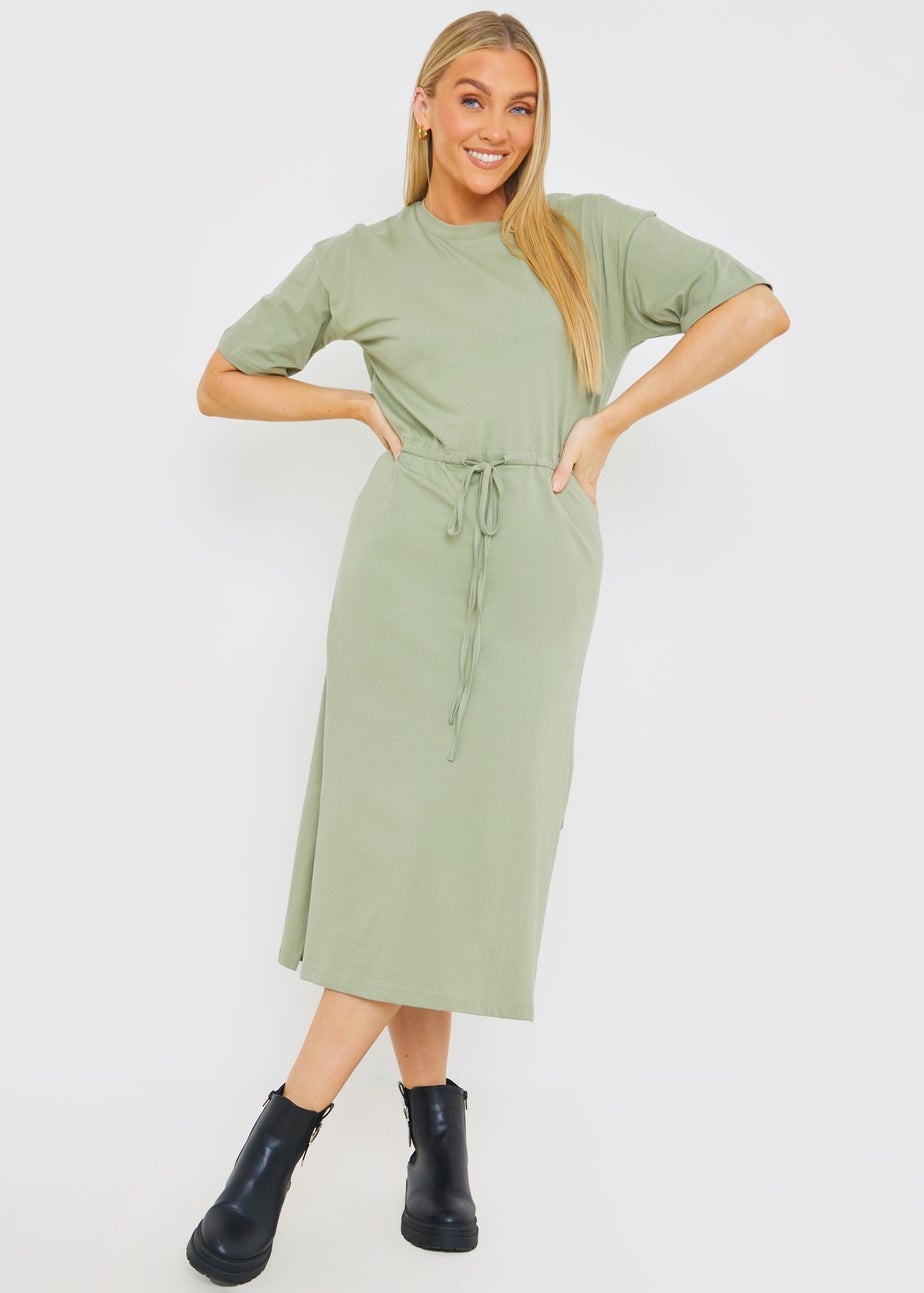 In The Style Khaki Split Hem Drawstring T-Shirt Dress