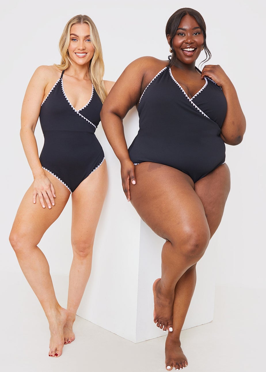 In the Style Black White Trim Front Wrap Swimsuit