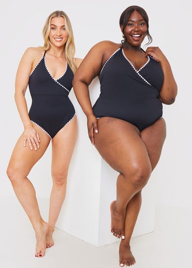 In the Style Black White Trim Front Wrap Swimsuit