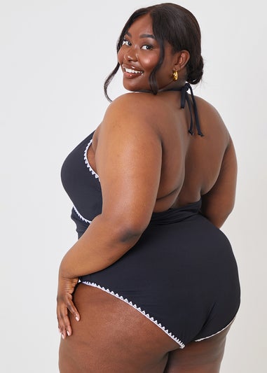 In the Style Black White Trim Front Wrap Swimsuit