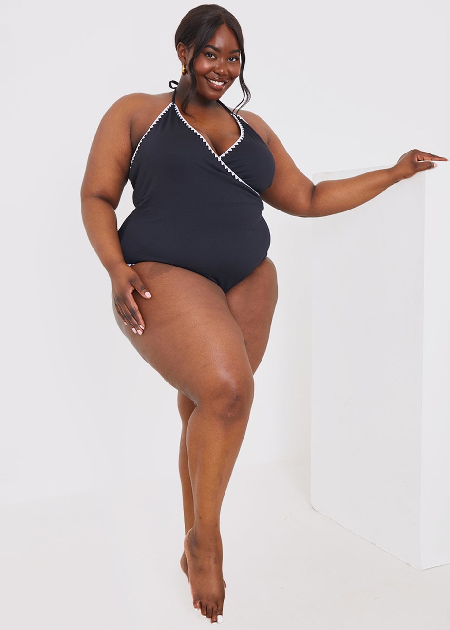 In the Style Black White Trim Front Wrap Swimsuit