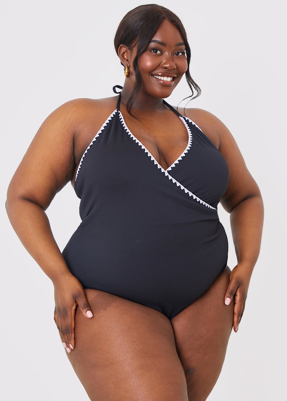 In the Style Black White Trim Front Wrap Swimsuit