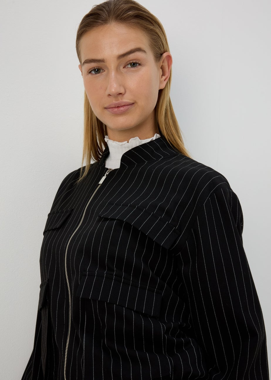Black Pinstripe Bomber Jacket