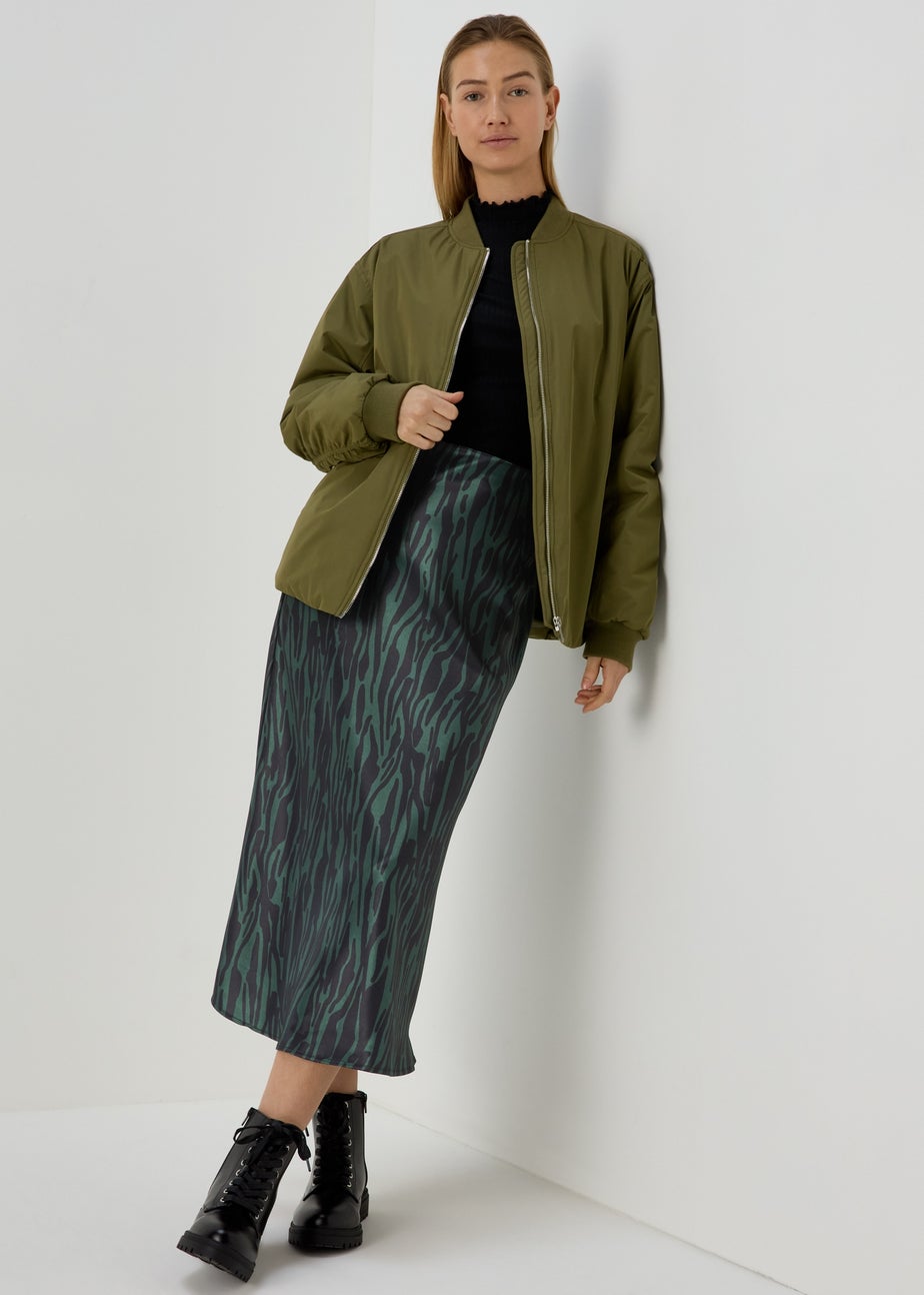 Khaki Satin Midi Skirt
