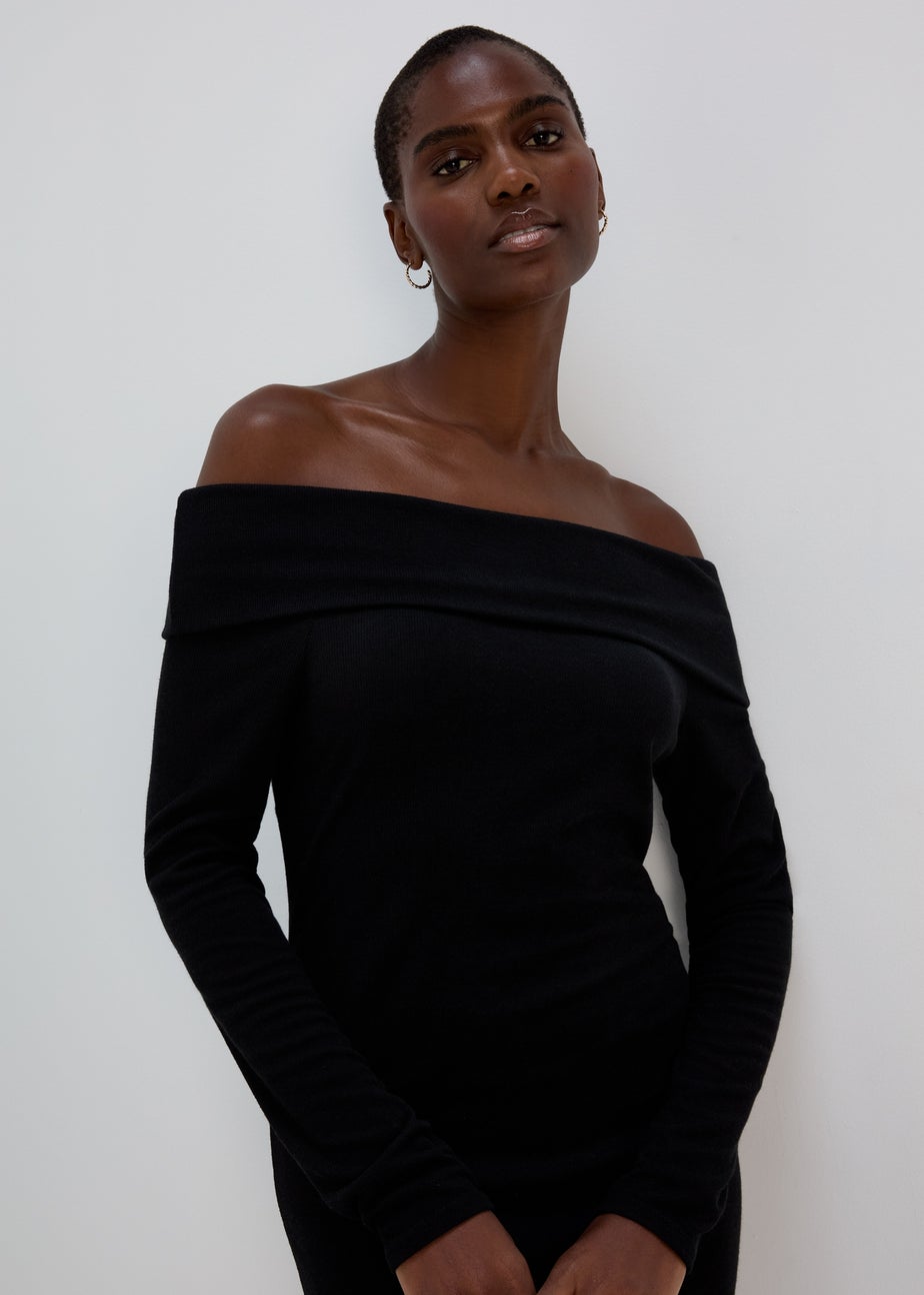 Black Bardot Ribbed Mini Dress
