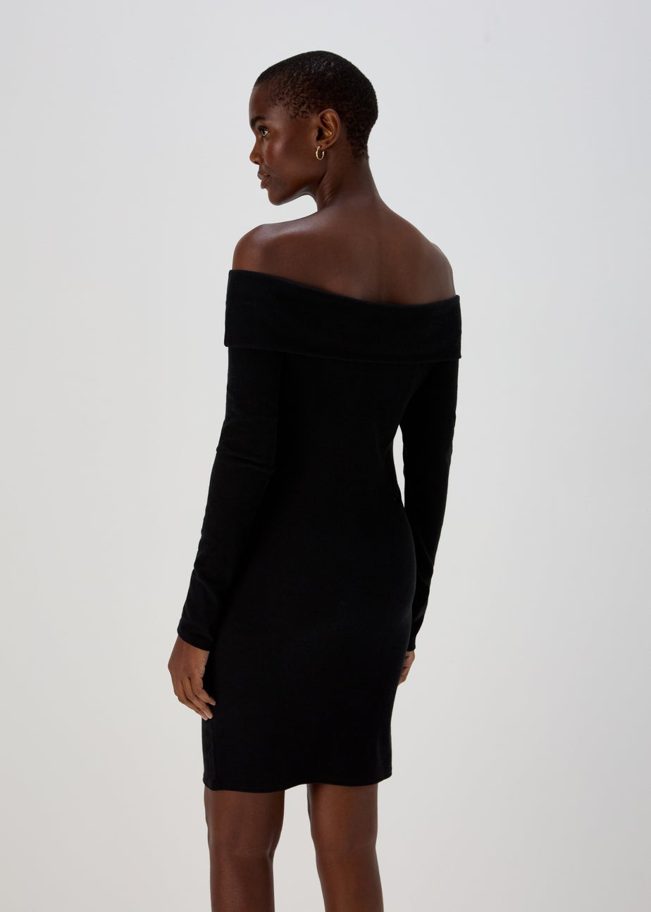Black Bardot Ribbed Mini Dress