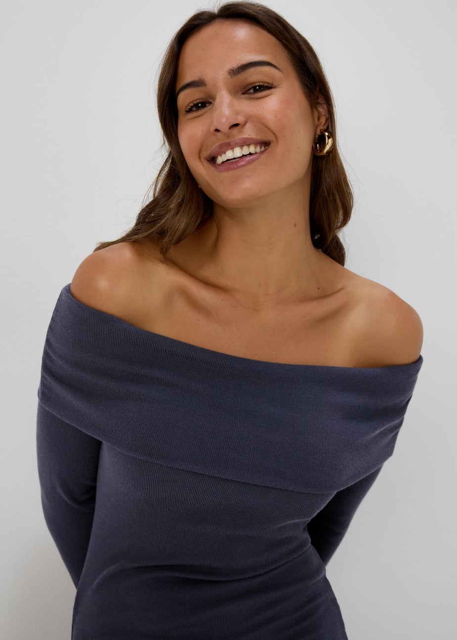 Grey Rib Bardot Mini Dress