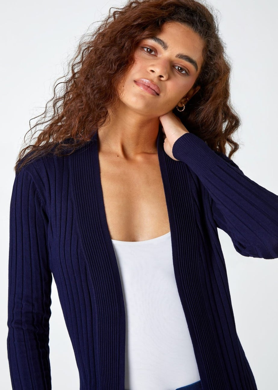 Roman Midnight Blue Longline Stretch Ribbed Cardigan