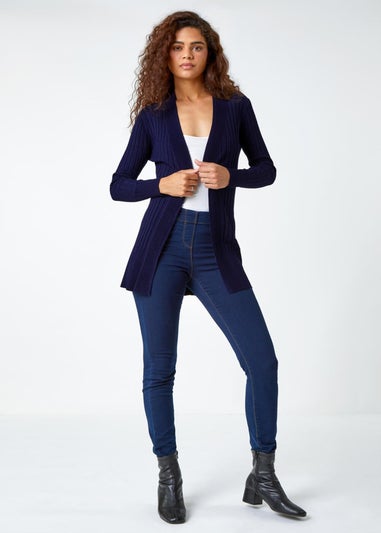 Roman Midnight Blue Longline Stretch Ribbed Cardigan