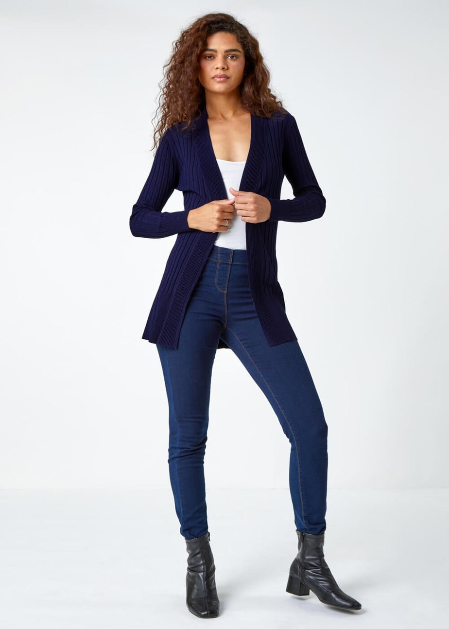 Roman Midnight Blue Longline Stretch Ribbed Cardigan