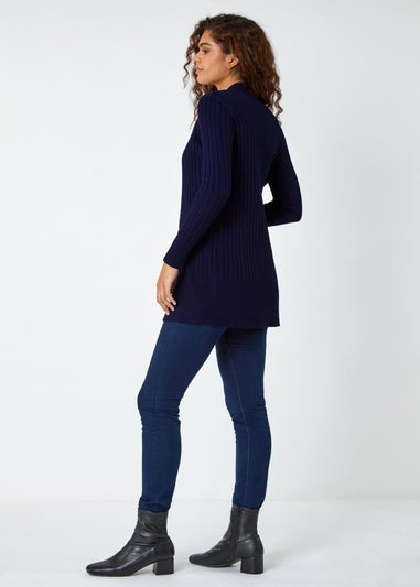 Roman Midnight Blue Longline Stretch Ribbed Cardigan