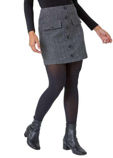 Roman Charcoal Tweed Look Button Elastic Waist Stretch Skirt