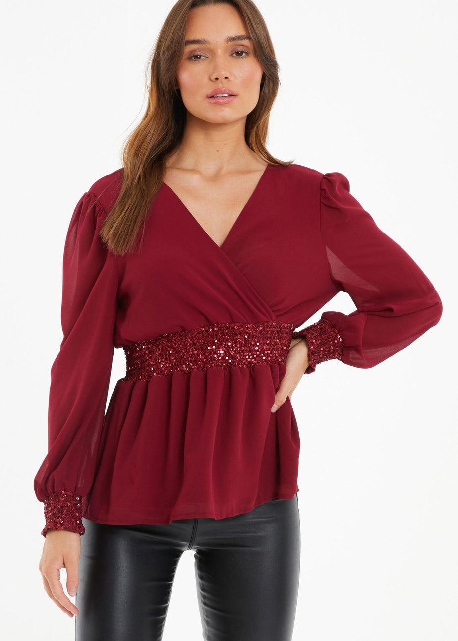 Quiz Red Chiffon Wrap Peplum Top