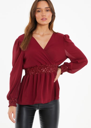 Quiz Red Chiffon Wrap Peplum Top