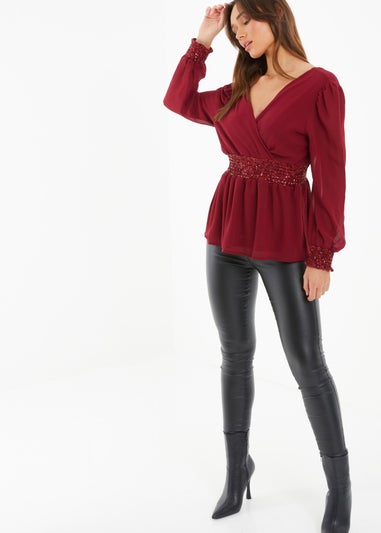 Quiz Red Chiffon Wrap Peplum Top