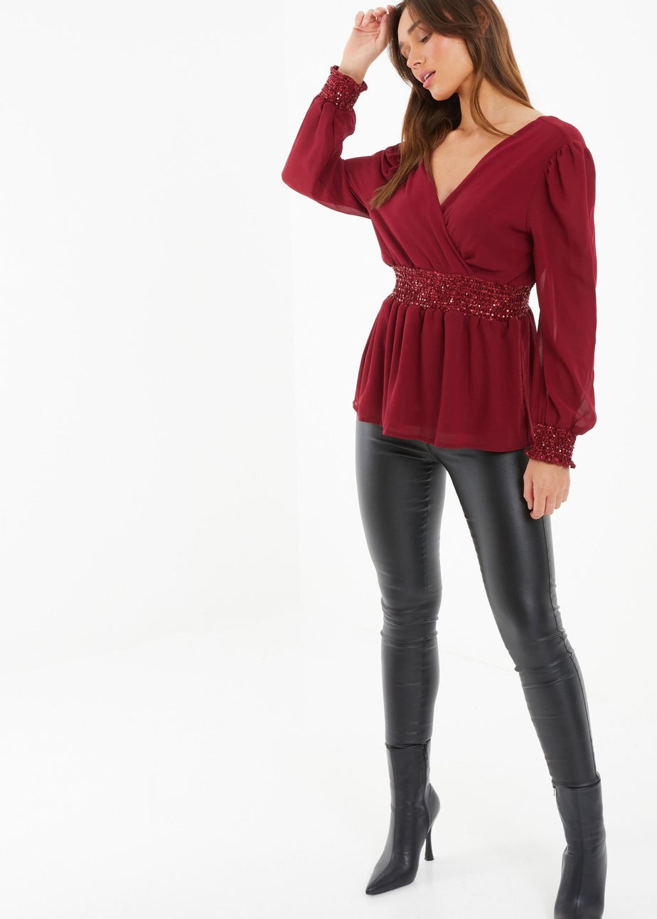 Quiz Red Chiffon Wrap Peplum Top