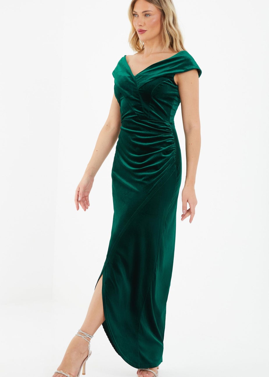 Quiz Green Velvet Ruched Maxi Dress