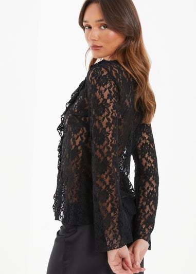 Quiz Black Lace Tie Front Top