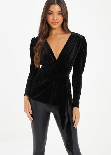 Quiz Black Velvet Wrap Tie Top