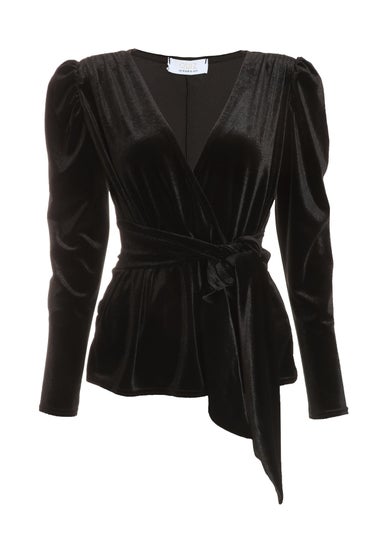 Quiz Black Velvet Wrap Tie Top
