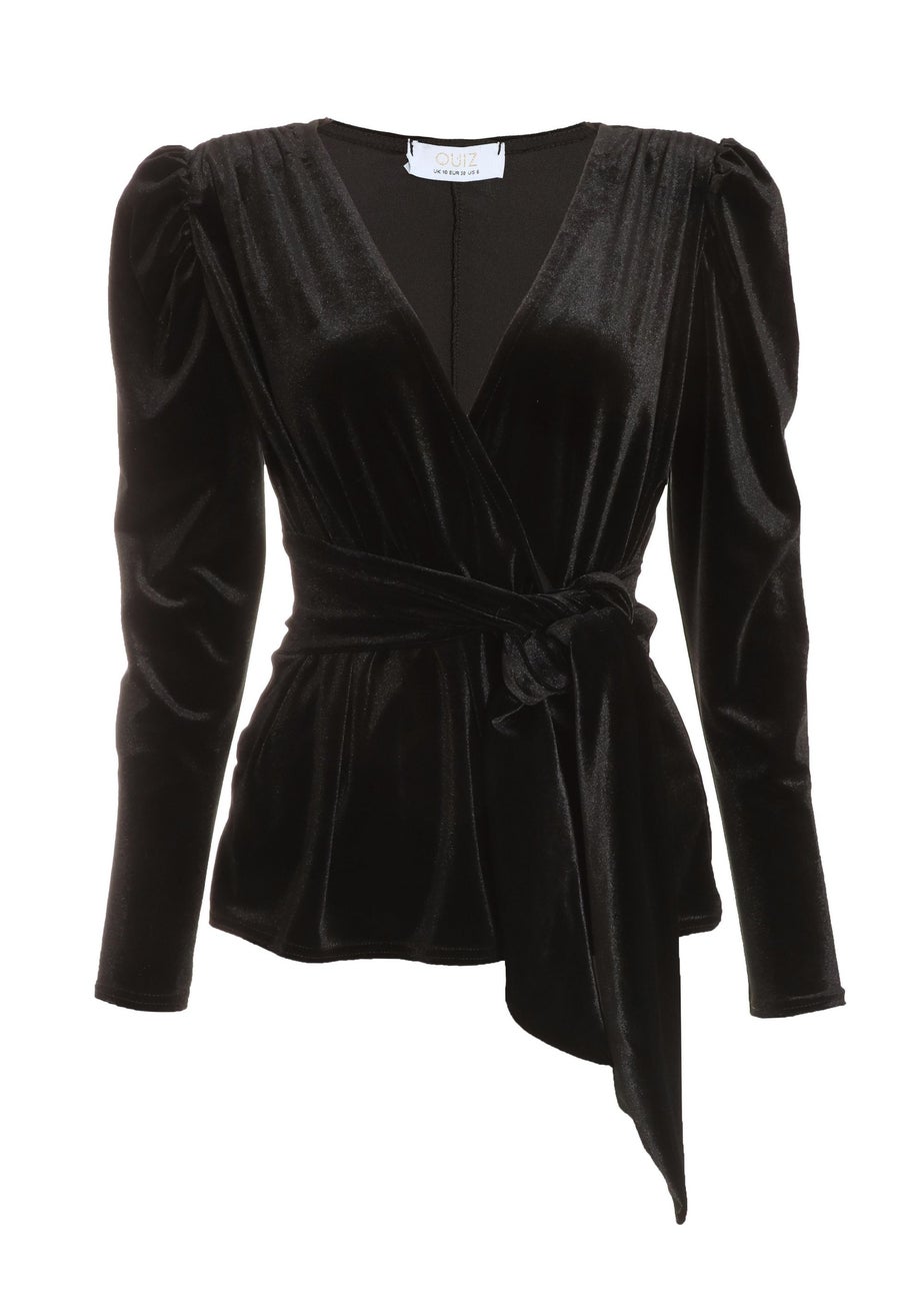 Quiz Black Velvet Wrap Tie Top
