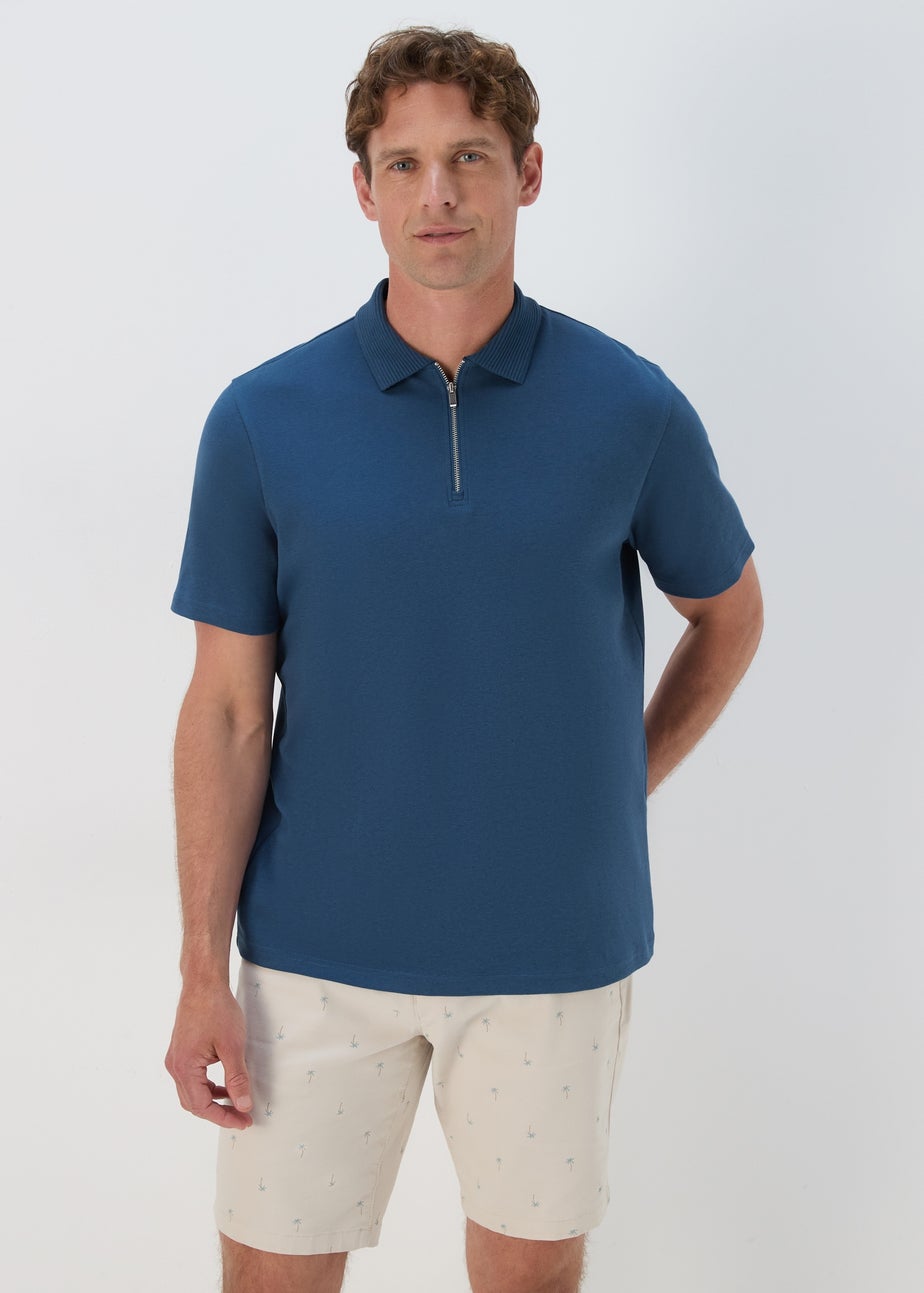 Blue Plain Zip Polo Shirt