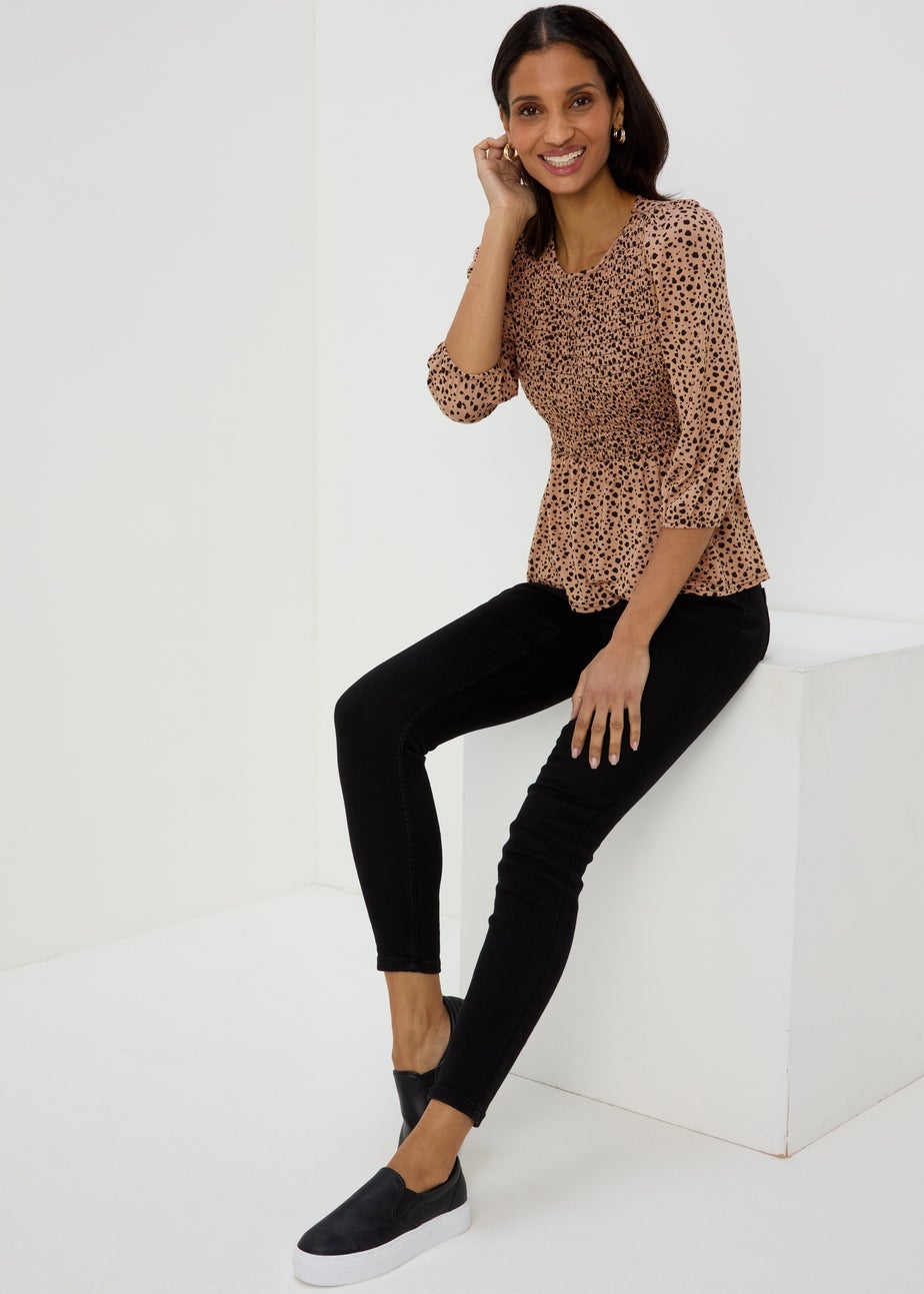 Beige Animal Shirred Bodice Top