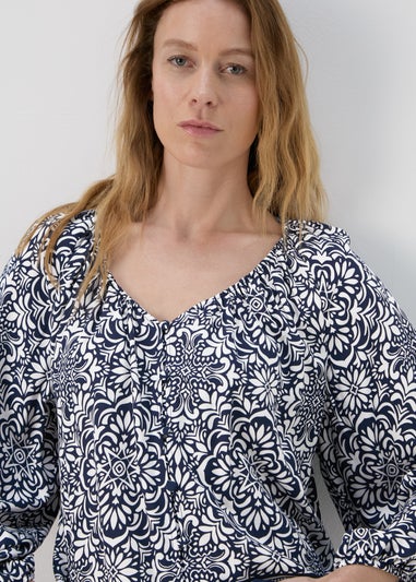 Navy Printed Button Down Blouse