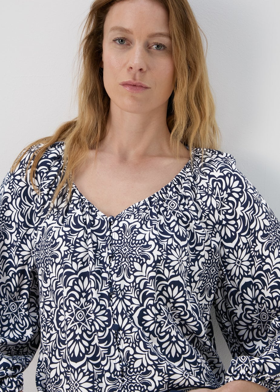 Navy Printed Button Down Blouse