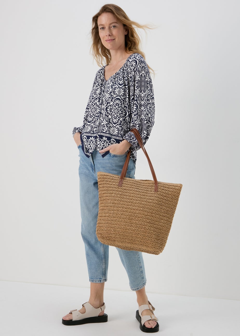 Navy Printed Button Down Blouse