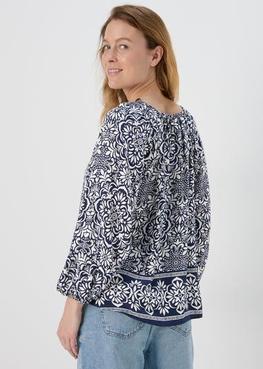 Navy Printed Button Down Blouse