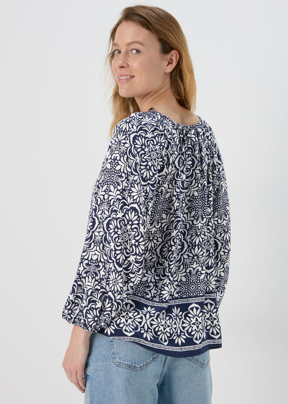 Navy Printed Button Down Blouse