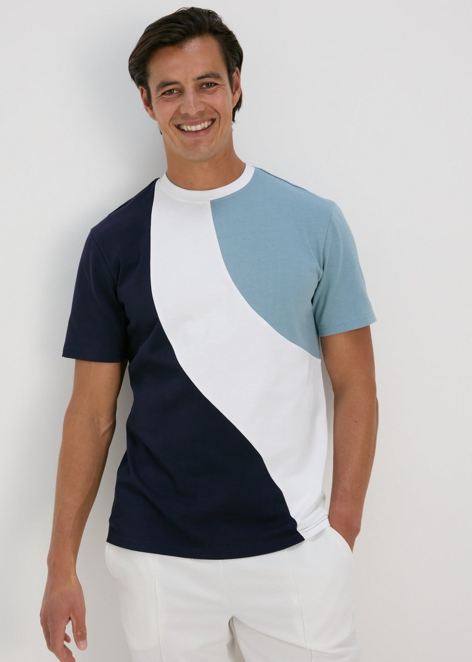 White & Navy Cut & Sew Wave T-Shirt