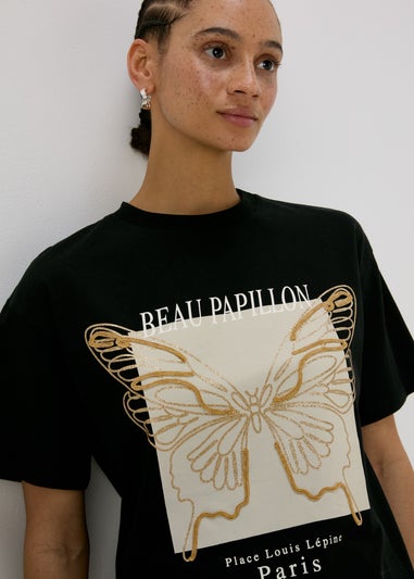 Black Butterfly Print T Shirt